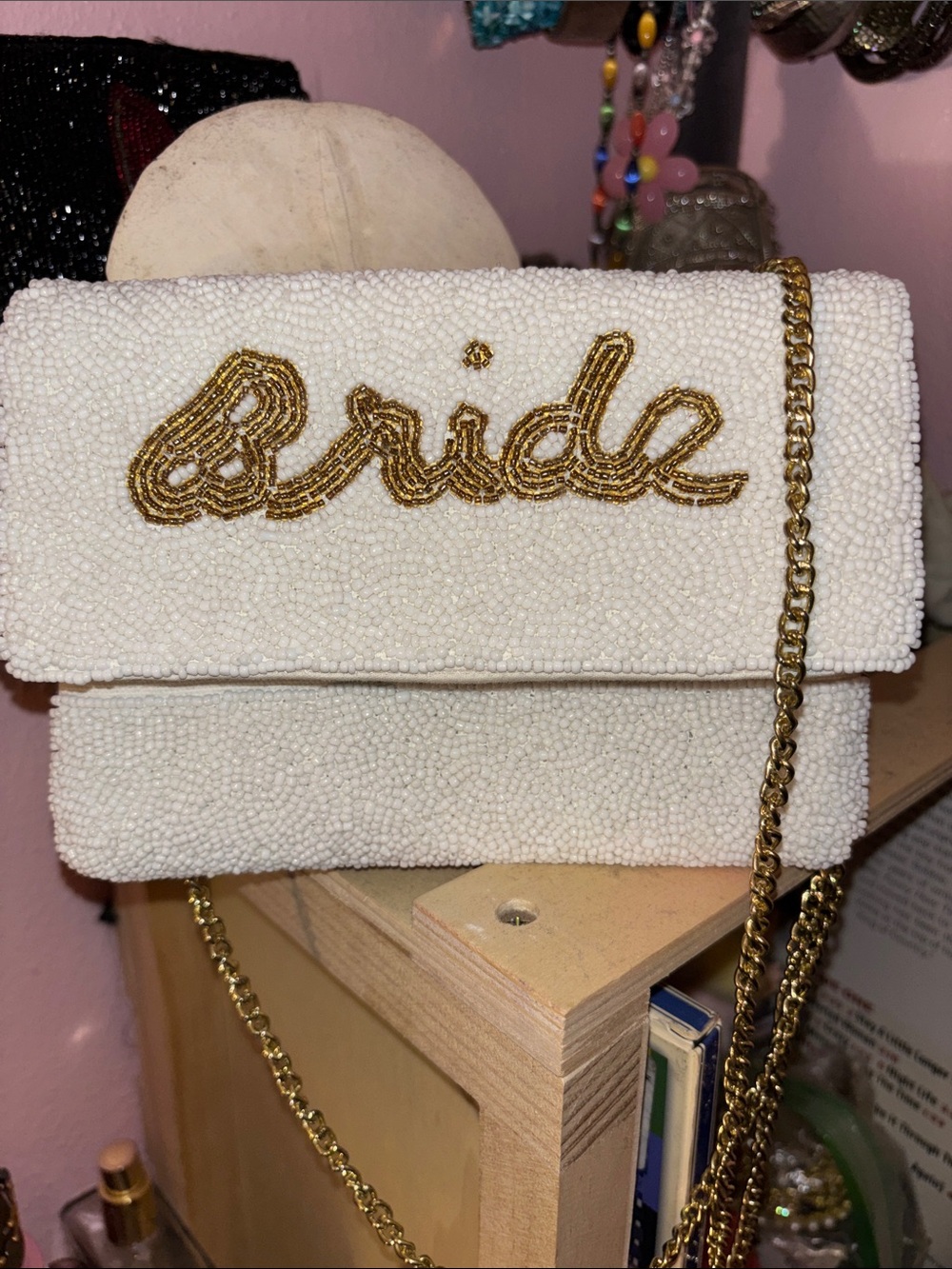 Bride Beaded White Shoulder Bag with Gold Script